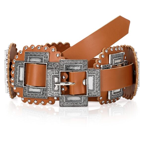 Women Western Brown Concho Belt Leather Cowgirl Wide Boho Belt For 1693 - Picture 7 of 7